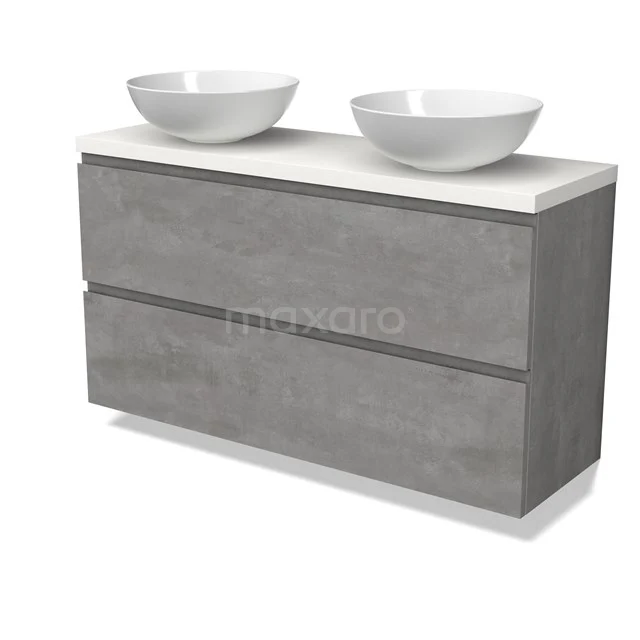 Modulo Plato Slim Vanity units for countertop basin | 120 cm Light grey concrete Handle-less front Matte white worktop 2 Stacked drawers BMK37-02580