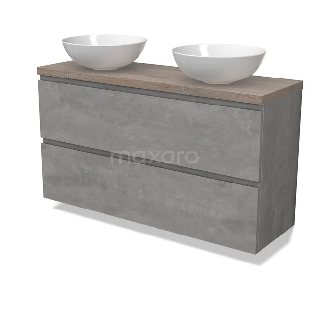 Modulo Plato Slim Vanity units for countertop basin | 120 cm Light grey concrete Handle-less front Oak worktop 2 Stacked drawers BMK37-02583