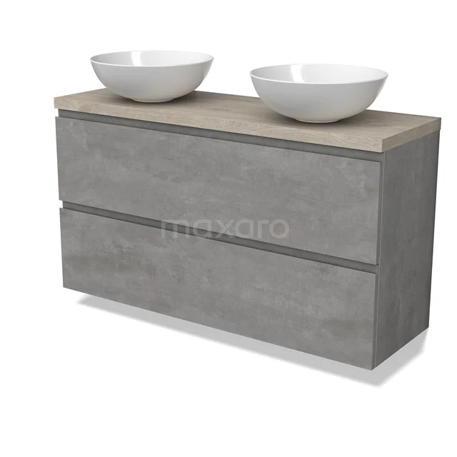 Modulo Plato Slim Badmöbel mit Aufsatzwaschbecken | 120 cm Hellgrauer Beton Grifflos front Hellgraue Eiche blatt 2 übereinanderliegende Schubladen BMK37-02584