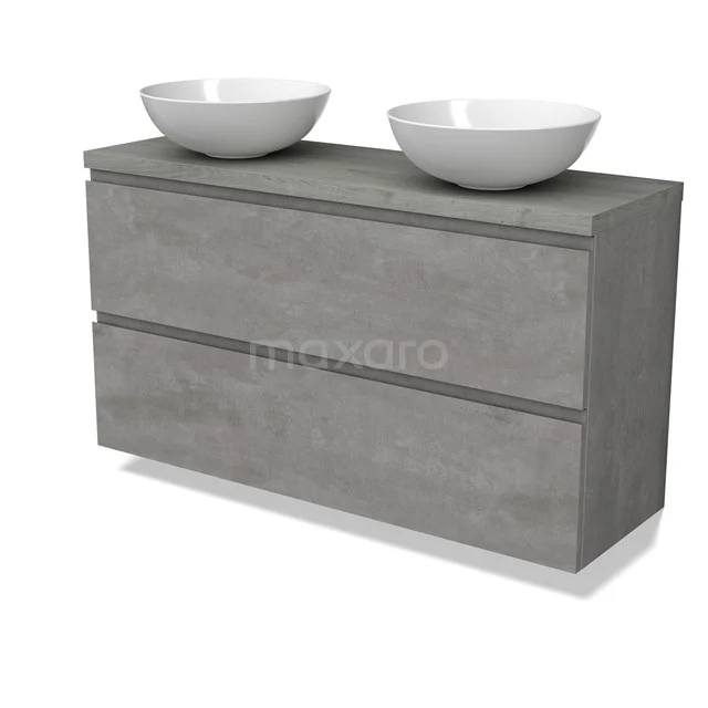 Modulo Plato Slim Vanity units for countertop basin | 120 cm Light grey concrete Handle-less front Grey oak worktop 2 Stacked drawers BMK37-02588
