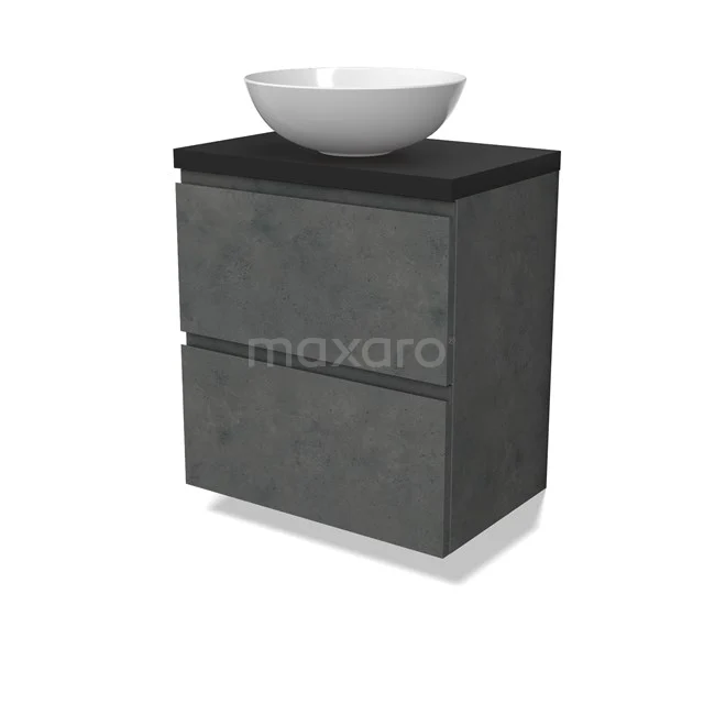Modulo Plato Slim Vanity units for countertop basin | 60 cm Dark grey concrete Handle-less front Matte black worktop 2 Stacked drawers BMK37-02605