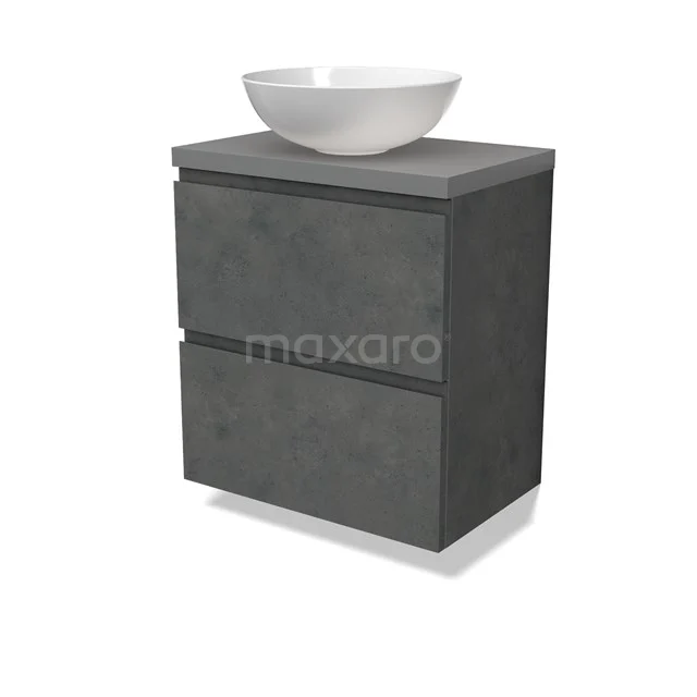 Modulo Plato Slim Vanity units for countertop basin | 60 cm Dark grey concrete Handle-less front Mid grey worktop 2 Stacked drawers BMK37-02606