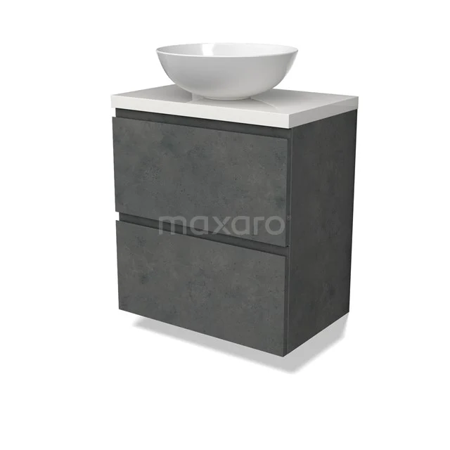 Modulo Plato Slim Vanity units for countertop basin | 60 cm Dark grey concrete Handle-less front High-gloss white worktop 2 Stacked drawers BMK37-02607