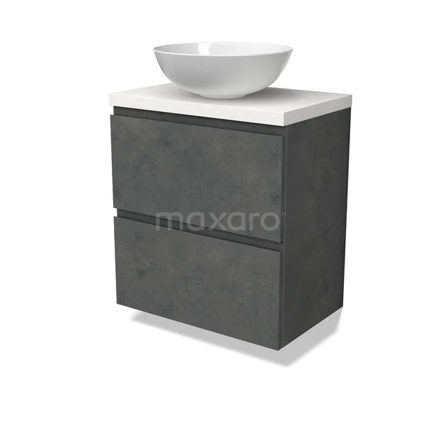 Modulo Plato Slim Badmöbel mit Aufsatzwaschbecken | 60 cm Dunkelgrauer Beton Grifflos front Matt Weiß blatt 2 übereinanderliegende Schubladen BMK37-02608