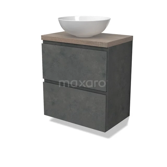 Modulo Plato Slim Vanity units for countertop basin | 60 cm Dark grey concrete Handle-less front Oak worktop 2 Stacked drawers BMK37-02611