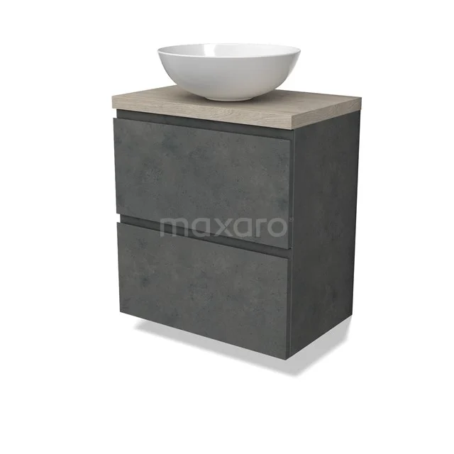 Modulo Plato Slim Vanity units for countertop basin | 60 cm Dark grey concrete Handle-less front Light grey oak worktop 2 Stacked drawers BMK37-02612