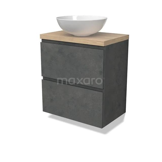 Modulo Plato Slim Badmöbel mit Aufsatzwaschbecken | 60 cm Dunkelgrauer Beton Grifflos front Hellbraune Eiche blatt 2 übereinanderliegende Schubladen BMK37-02613