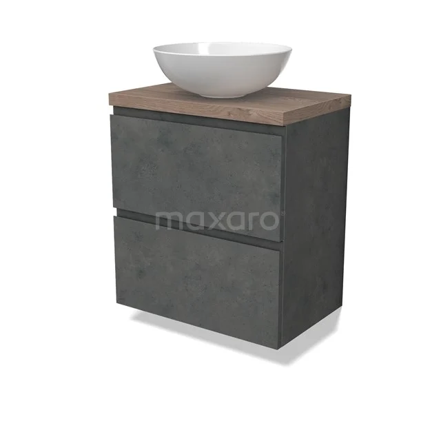 Modulo Plato Slim Badmöbel mit Aufsatzwaschbecken | 60 cm Dunkelgrauer Beton Grifflos front Mittelbraune Eiche blatt 2 übereinanderliegende Schubladen BMK37-02614