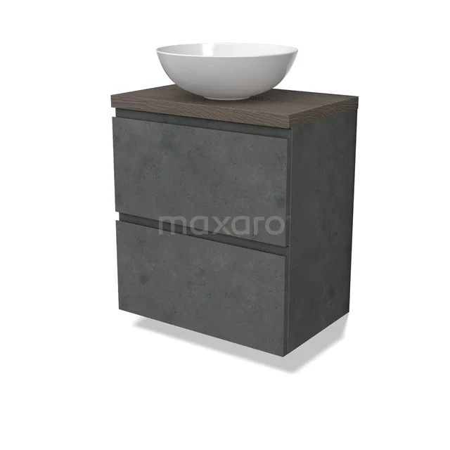 Modulo Plato Slim Vanity units for countertop basin | 60 cm Dark grey concrete Handle-less front Dark brown oak worktop 2 Stacked drawers BMK37-02615