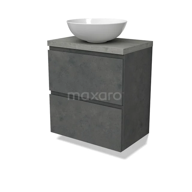 Modulo Plato Slim Badmöbel mit Aufsatzwaschbecken | 60 cm Dunkelgrauer Beton Grifflos front Graue Eiche blatt 2 übereinanderliegende Schubladen BMK37-02616