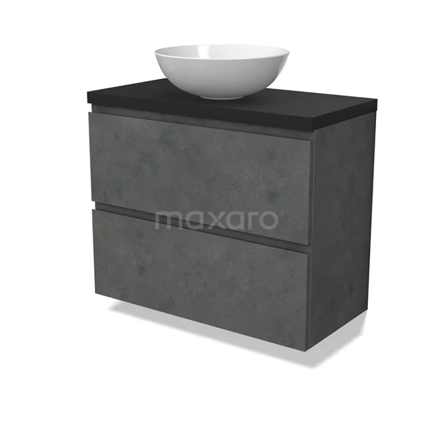 Modulo Plato Slim Vanity units for countertop basin | 80 cm Dark grey concrete Handle-less front Matte black worktop 2 Stacked drawers BMK37-02619