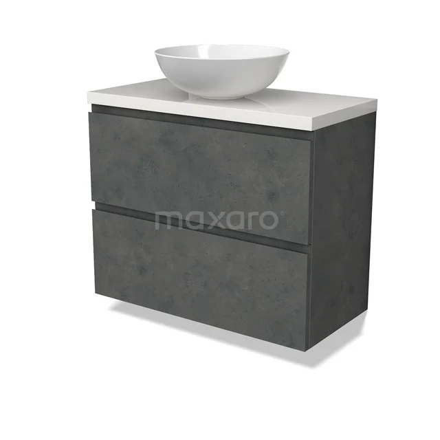 Modulo Plato Slim Badmöbel mit Aufsatzwaschbecken | 80 cm Dunkelgrauer Beton Grifflos front Hochglanz Weiß blatt 2 übereinanderliegende Schubladen BMK37-02621 Modulo Plato Slim Badmöbel mit Aufsatzwaschbecken | 80 cm Dunkelgrauer Beton Grifflos front Hochglanz Weiß blatt 2 übereinanderliegende Schubladen BMK37-02621