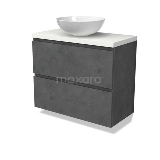 Modulo Plato Slim Vanity units for countertop basin | 80 cm Dark grey concrete Handle-less front Matte white worktop 2 Stacked drawers BMK37-02622