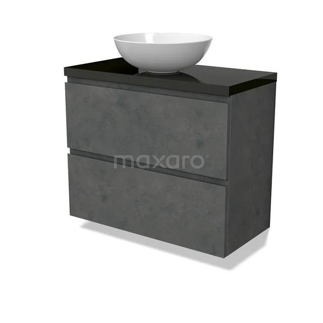 Modulo Plato Slim Vanity units for countertop basin | 80 cm Dark grey concrete Handle-less front High-gloss black worktop 2 Stacked drawers BMK37-02624