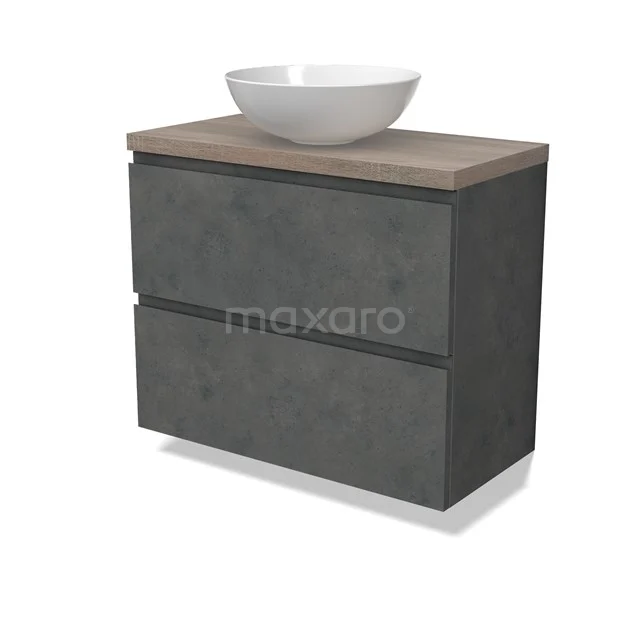 Modulo Plato Slim Vanity units for countertop basin | 80 cm Dark grey concrete Handle-less front Oak worktop 2 Stacked drawers BMK37-02625