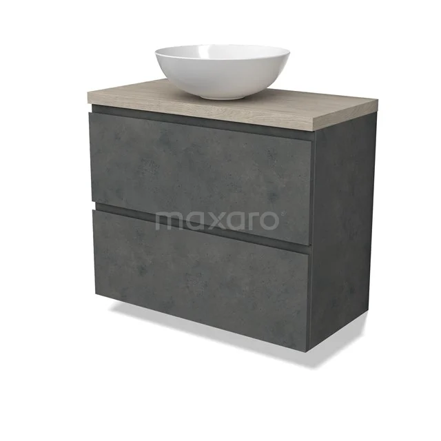 Modulo Plato Slim Vanity units for countertop basin | 80 cm Dark grey concrete Handle-less front Light grey oak worktop 2 Stacked drawers BMK37-02626