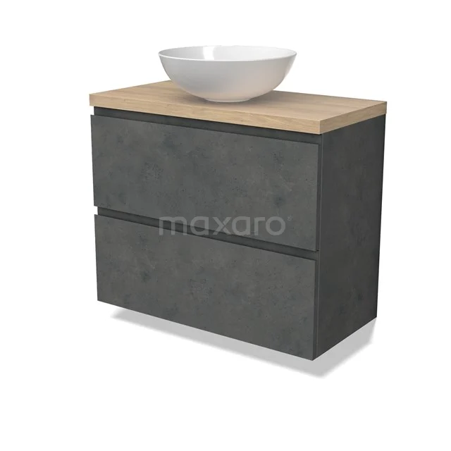 Modulo Plato Slim Badmöbel mit Aufsatzwaschbecken | 80 cm Dunkelgrauer Beton Grifflos front Hellbraune Eiche blatt 2 übereinanderliegende Schubladen BMK37-02627