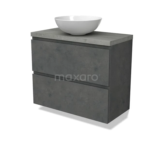 Modulo Plato Slim Badmöbel mit Aufsatzwaschbecken | 80 cm Dunkelgrauer Beton Grifflos front Graue Eiche blatt 2 übereinanderliegende Schubladen BMK37-02630