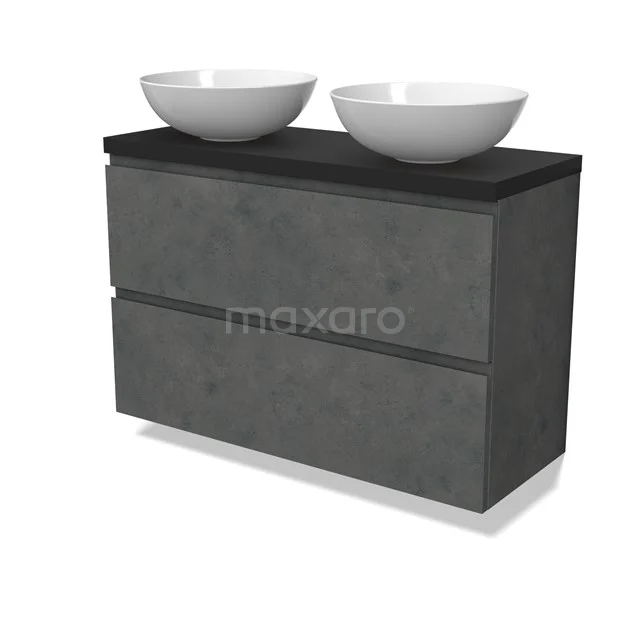 Modulo Plato Slim Badmöbel mit Aufsatzwaschbecken | 100 cm Dunkelgrauer Beton Grifflos front Matt Schwarz blatt 2 übereinanderliegende Schubladen BMK37-02633