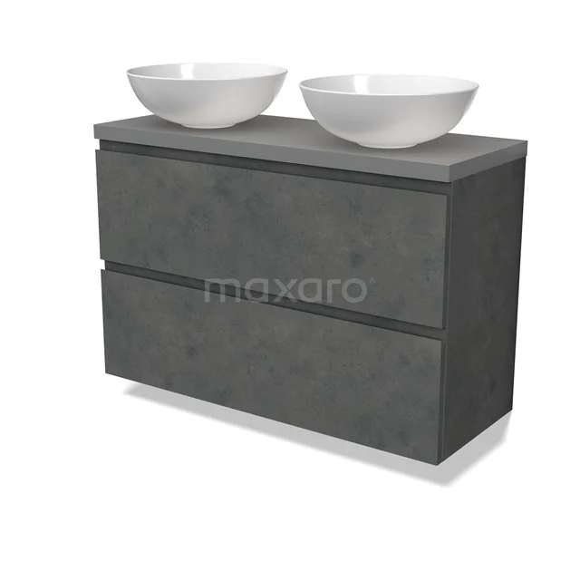 Modulo Plato Slim Vanity units for countertop basin | 100 cm Dark grey concrete Handle-less front Mid grey worktop 2 Stacked drawers BMK37-02634