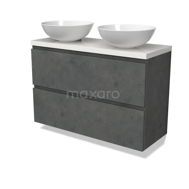 Modulo Plato Slim Badmöbel mit Aufsatzwaschbecken | 100 cm Dunkelgrauer Beton Grifflos front Hochglanz Weiß blatt 2 übereinanderliegende Schubladen BMK37-02635