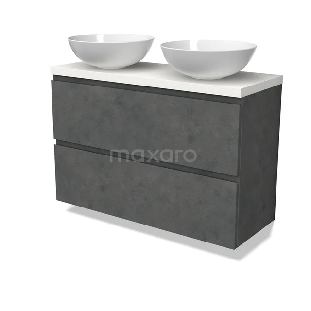 Modulo Plato Slim Badmöbel mit Aufsatzwaschbecken | 100 cm Dunkelgrauer Beton Grifflos front Matt Weiß blatt 2 übereinanderliegende Schubladen BMK37-02636