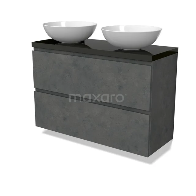 Modulo Plato Slim Badmöbel mit Aufsatzwaschbecken | 100 cm Dunkelgrauer Beton Grifflos front Hochglanz Schwarz blatt 2 übereinanderliegende Schubladen BMK37-02638