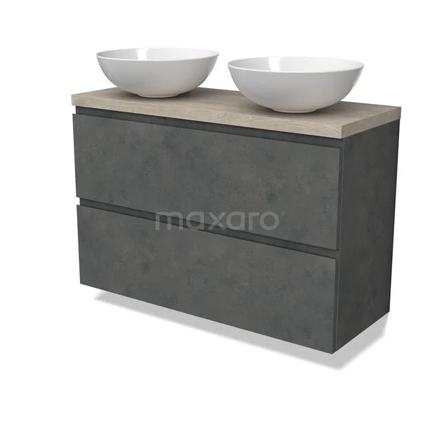 Modulo Plato Slim Badmöbel mit Aufsatzwaschbecken | 100 cm Dunkelgrauer Beton Grifflos front Hellgraue Eiche blatt 2 übereinanderliegende Schubladen BMK37-02640