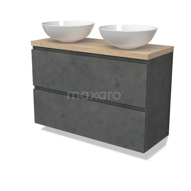 Modulo Plato Slim Vanity units for countertop basin | 100 cm Dark grey concrete Handle-less front Light brown oak worktop 2 Stacked drawers BMK37-02641