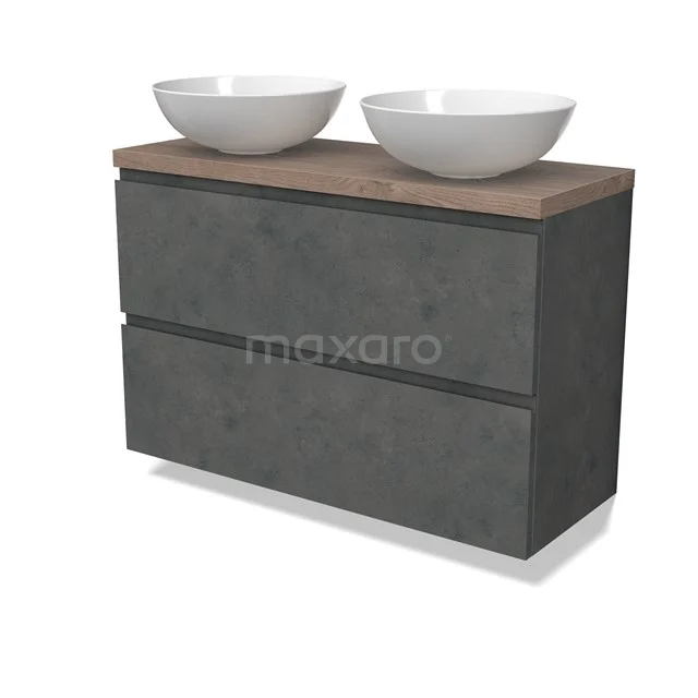 Modulo Plato Slim Vanity units for countertop basin | 100 cm Dark grey concrete Handle-less front Mid brown oak worktop 2 Stacked drawers BMK37-02642
