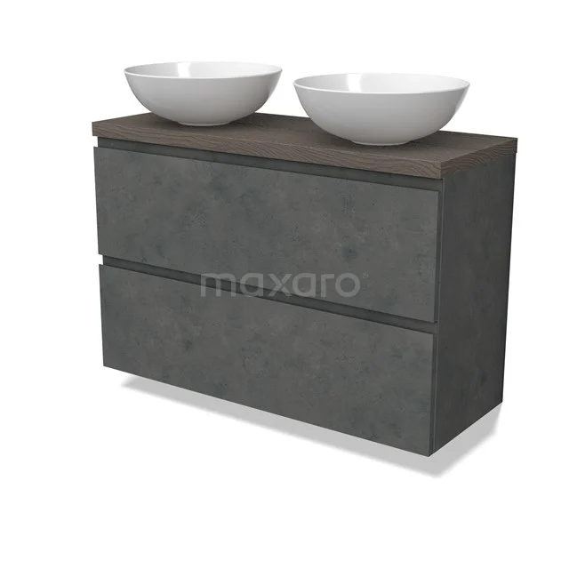 Modulo Plato Slim Vanity units for countertop basin | 100 cm Dark grey concrete Handle-less front Dark brown oak worktop 2 Stacked drawers BMK37-02643