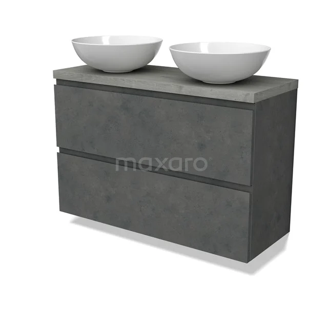 Modulo Plato Slim Vanity units for countertop basin | 100 cm Dark grey concrete Handle-less front Grey oak worktop 2 Stacked drawers BMK37-02644