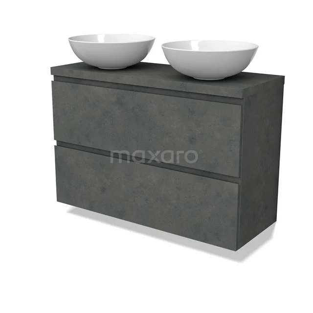 Modulo Plato Slim Badmöbel mit Aufsatzwaschbecken | 100 cm Dunkelgrauer Beton Grifflos front Dunkelgrauer Beton blatt 2 übereinanderliegende Schubladen BMK37-02646