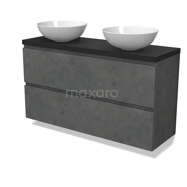 Modulo Plato Slim Vanity units for countertop basin | 120 cm Dark grey concrete Handle-less front Matte black worktop 2 Stacked drawers BMK37-02647