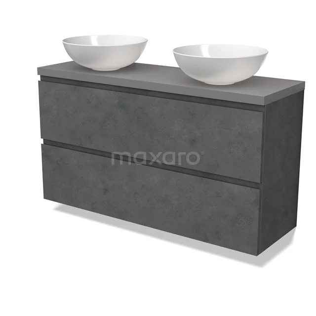 Modulo Plato Slim Vanity units for countertop basin | 120 cm Dark grey concrete Handle-less front Mid grey worktop 2 Stacked drawers BMK37-02648