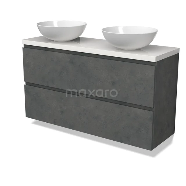 Modulo Plato Slim Badmöbel mit Aufsatzwaschbecken | 120 cm Dunkelgrauer Beton Grifflos front Hochglanz Weiß blatt 2 übereinanderliegende Schubladen BMK37-02649