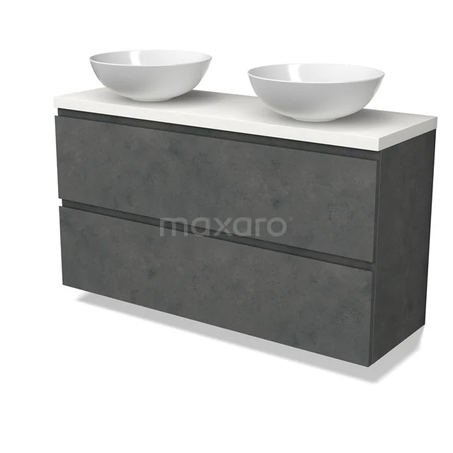 Modulo Plato Slim Vanity units for countertop basin | 120 cm Dark grey concrete Handle-less front Matte white worktop 2 Stacked drawers BMK37-02650