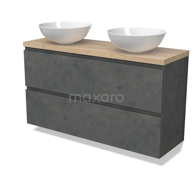 Modulo Plato Slim Vanity units for countertop basin | 120 cm Dark grey concrete Handle-less front Light brown oak worktop 2 Stacked drawers BMK37-02655