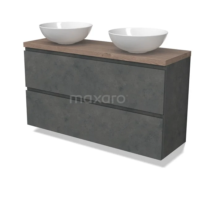 Modulo Plato Slim Badmöbel mit Aufsatzwaschbecken | 120 cm Dunkelgrauer Beton Grifflos front Mittelbraune Eiche blatt 2 übereinanderliegende Schubladen BMK37-02656