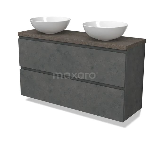 Modulo Plato Slim Vanity units for countertop basin | 120 cm Dark grey concrete Handle-less front Dark brown oak worktop 2 Stacked drawers BMK37-02657