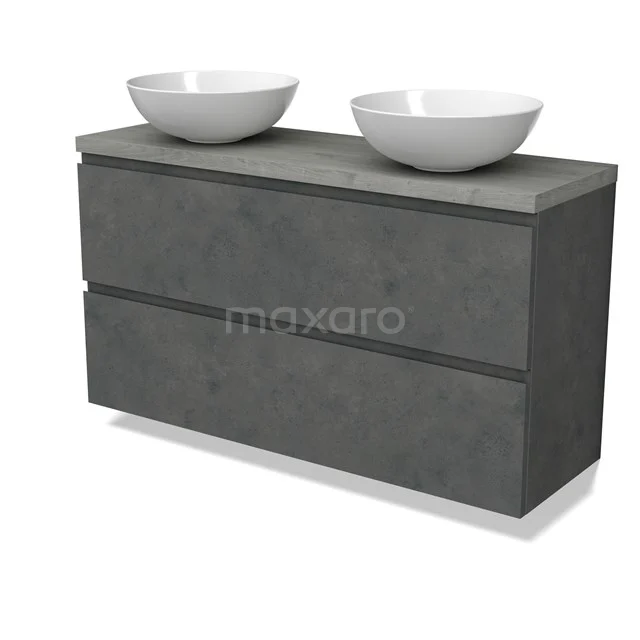 Modulo Plato Slim Badmöbel mit Aufsatzwaschbecken | 120 cm Dunkelgrauer Beton Grifflos front Graue Eiche blatt 2 übereinanderliegende Schubladen BMK37-02658