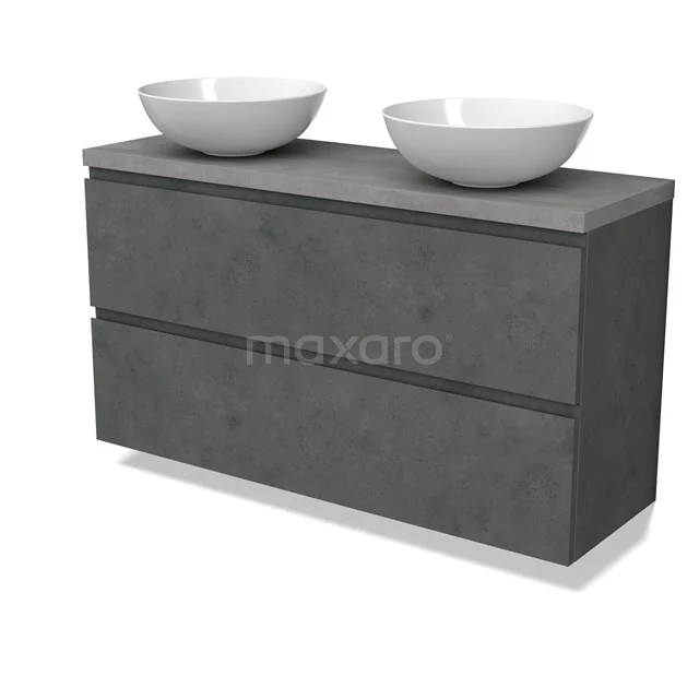 Modulo Plato Slim Badmöbel mit Aufsatzwaschbecken | 120 cm Dunkelgrauer Beton Grifflos front Hellgrauer Beton blatt 2 übereinanderliegende Schubladen BMK37-02659