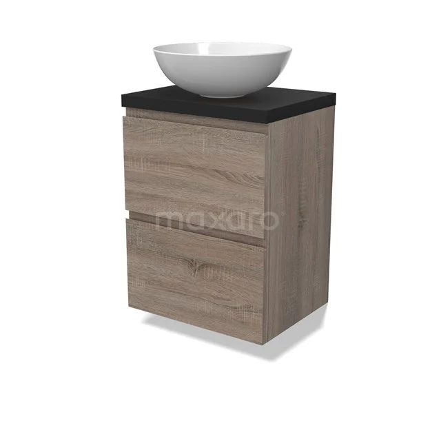 Modulo Plato Slim Badmöbel mit Aufsatzwaschbecken | 50 cm Eiche Grifflos front Matt Schwarz blatt 2 übereinanderliegende Schubladen BMK37-02451