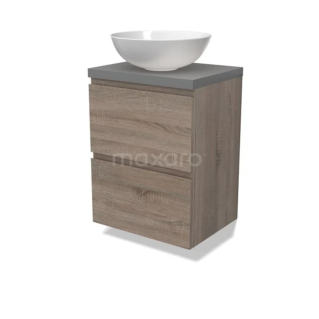 Modulo Plato Slim Vanity units for countertop basin | 50 cm Oak Handle-less front Mid grey worktop 2 Stacked drawers BMK37-02452