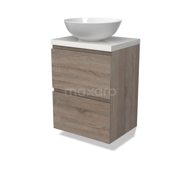 Modulo Plato Slim Vanity units for countertop basin | 50 cm Oak Handle-less front High-gloss white worktop 2 Stacked drawers BMK37-02453