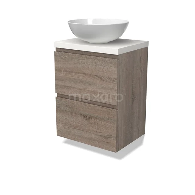 Modulo Plato Slim Badmöbel mit Aufsatzwaschbecken | 50 cm Eiche Grifflos front Matt Weiß blatt 2 übereinanderliegende Schubladen BMK37-02454