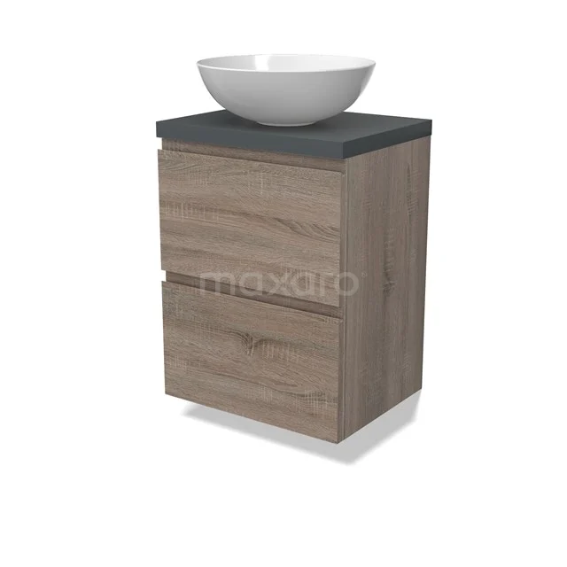 Modulo Plato Slim Vanity units for countertop basin | 50 cm Oak Handle-less front Dark grey worktop 2 Stacked drawers BMK37-02455