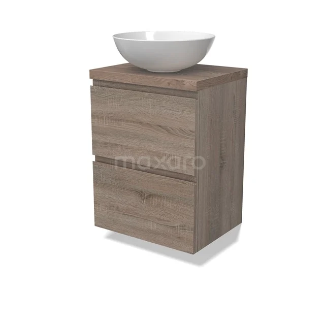Modulo Plato Slim Vanity units for countertop basin | 50 cm Oak Handle-less front Mid brown oak worktop 2 Stacked drawers BMK37-02460