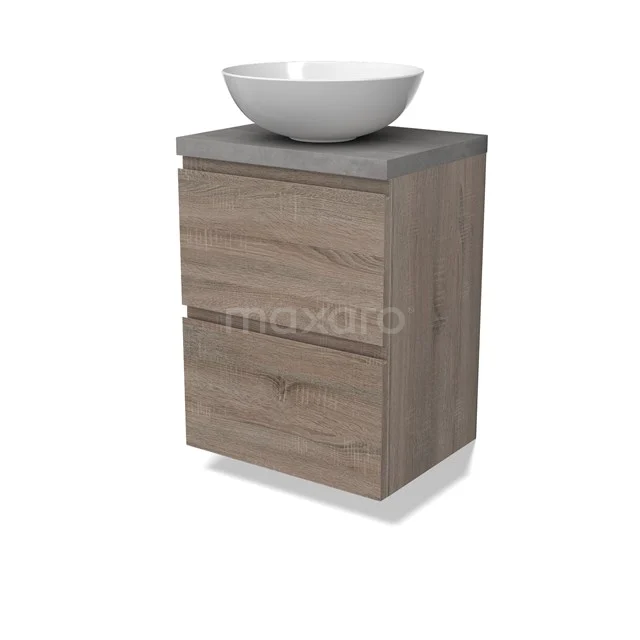 Modulo Plato Slim Badmöbel mit Aufsatzwaschbecken | 50 cm Eiche Grifflos front Hellgrauer Beton blatt 2 übereinanderliegende Schubladen BMK37-02463