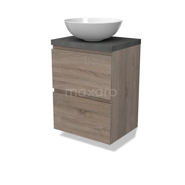 Modulo Plato Slim Badmöbel mit Aufsatzwaschbecken | 50 cm Eiche Grifflos front Dunkelgrauer Beton blatt 2 übereinanderliegende Schubladen BMK37-02464